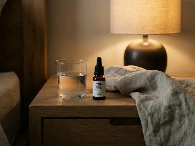 Un flacon d'huile CBN posé sur une table de chevet dans une ambiance de soirée apaisante.