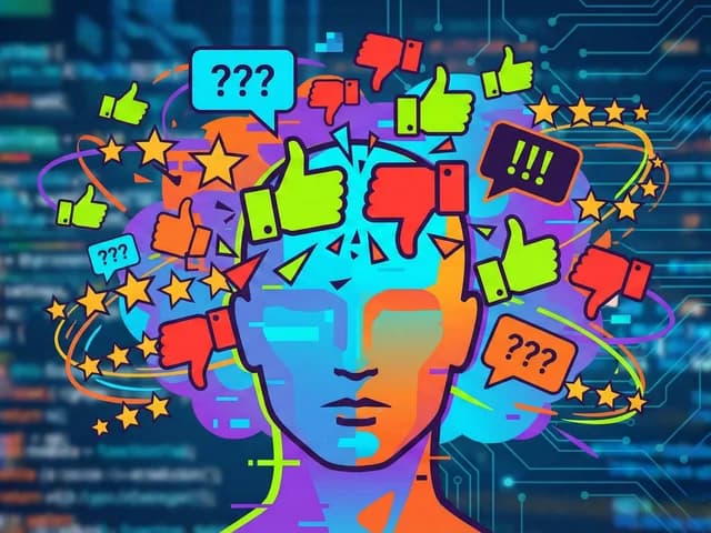 Illustration conceptuelle montrant la confusion des avis CBD en ligne : une silhouette de tête humaine est submergée par un nuage chaotique d'icônes contradictoires de pouces levés, pouces baissés et points d'interrogation.