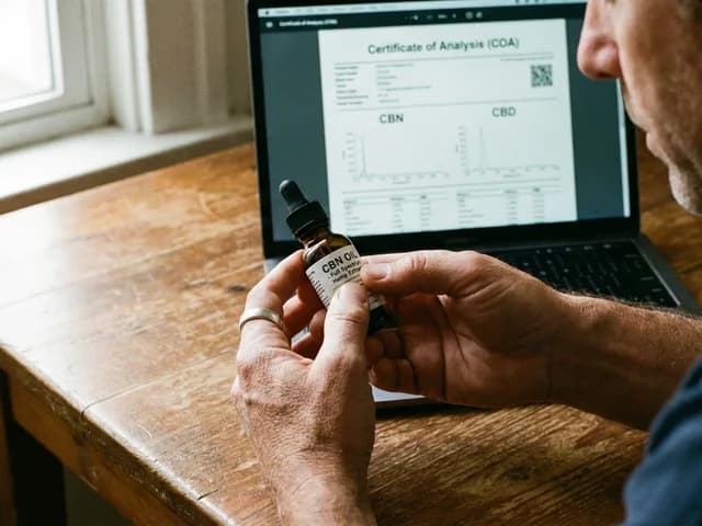 Gros plan sur des mains consultant l'étiquette d'un flacon d'huile CBN, avec un certificat d'analyse visible sur un écran en arrière-plan.